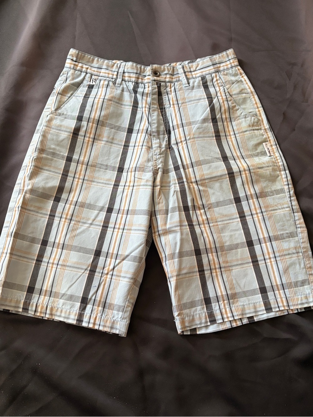 Billabong Light Blue, Tan & Black Plaid Flat Front Shorts